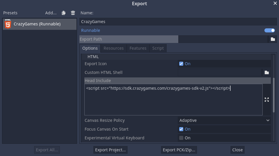 Export preset