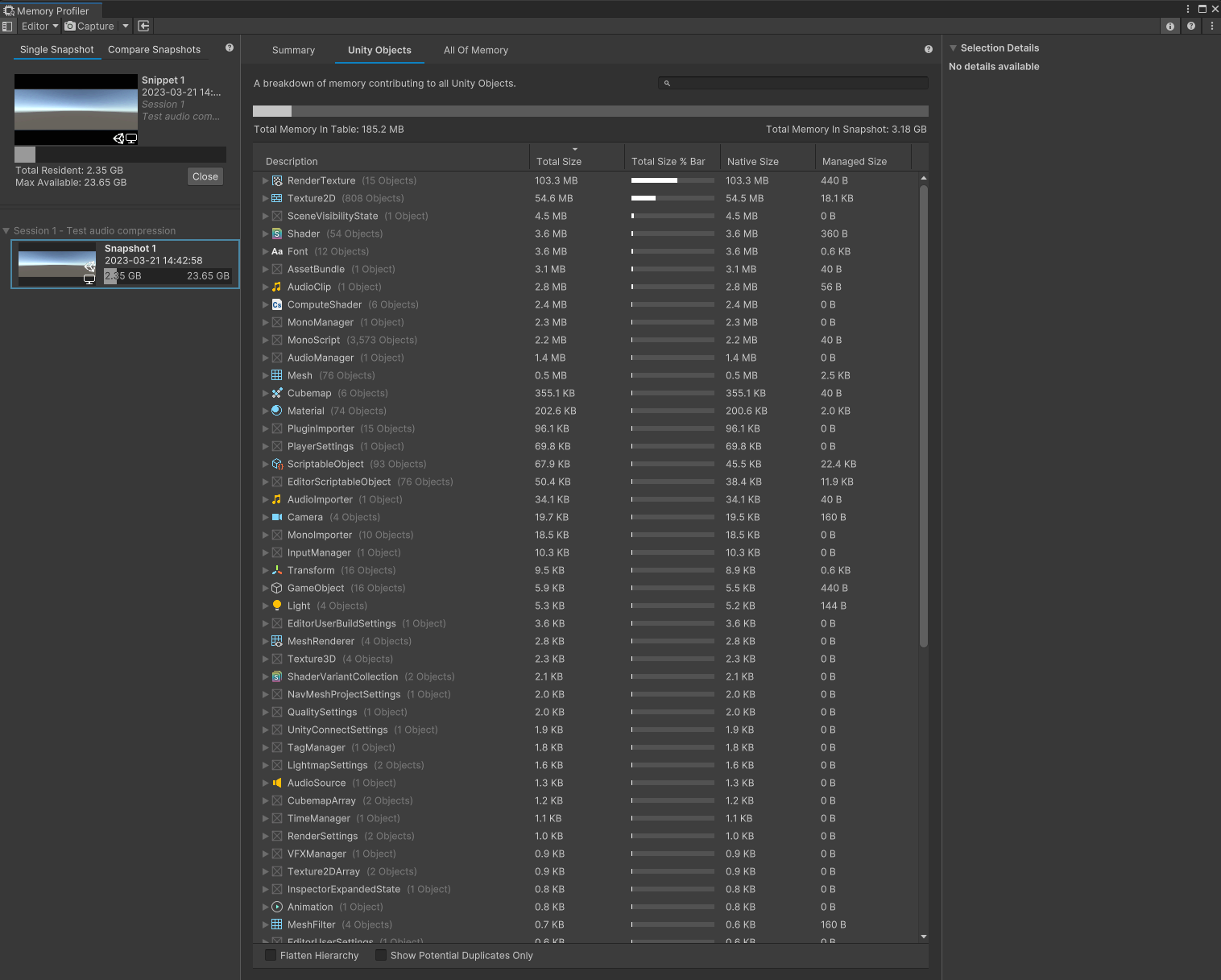 Memory profiler Unity objects