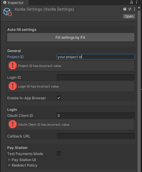 Xsolla settings
